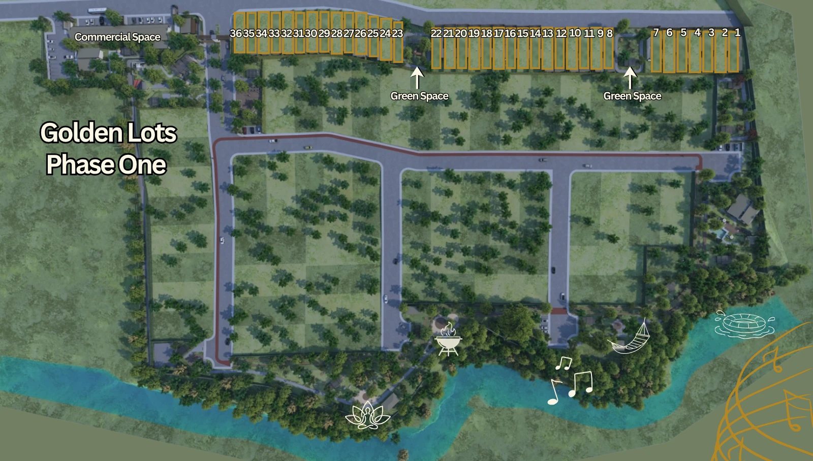 Map of the 36 Phase One homesites along the main paseo at Harmony Homes